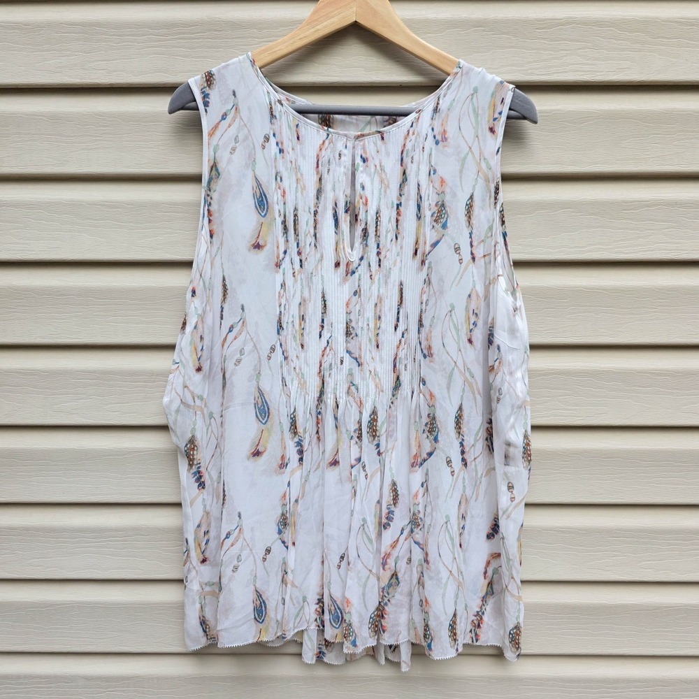 Hemisphere Pinola Women XL Feather Print Pleated Layered‎ Boho Tunic Top